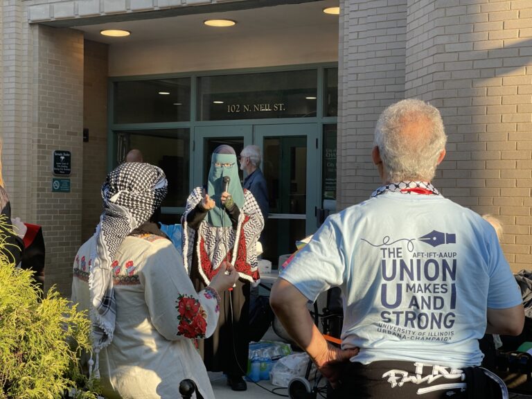 Protestors outside of Champaign City Hall Tuesday May 6, 2025.